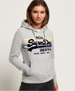 Superdry Vintage Logo Rainbow Stripe Női Kapucnis Pulóver Szürke | XQYAS8635